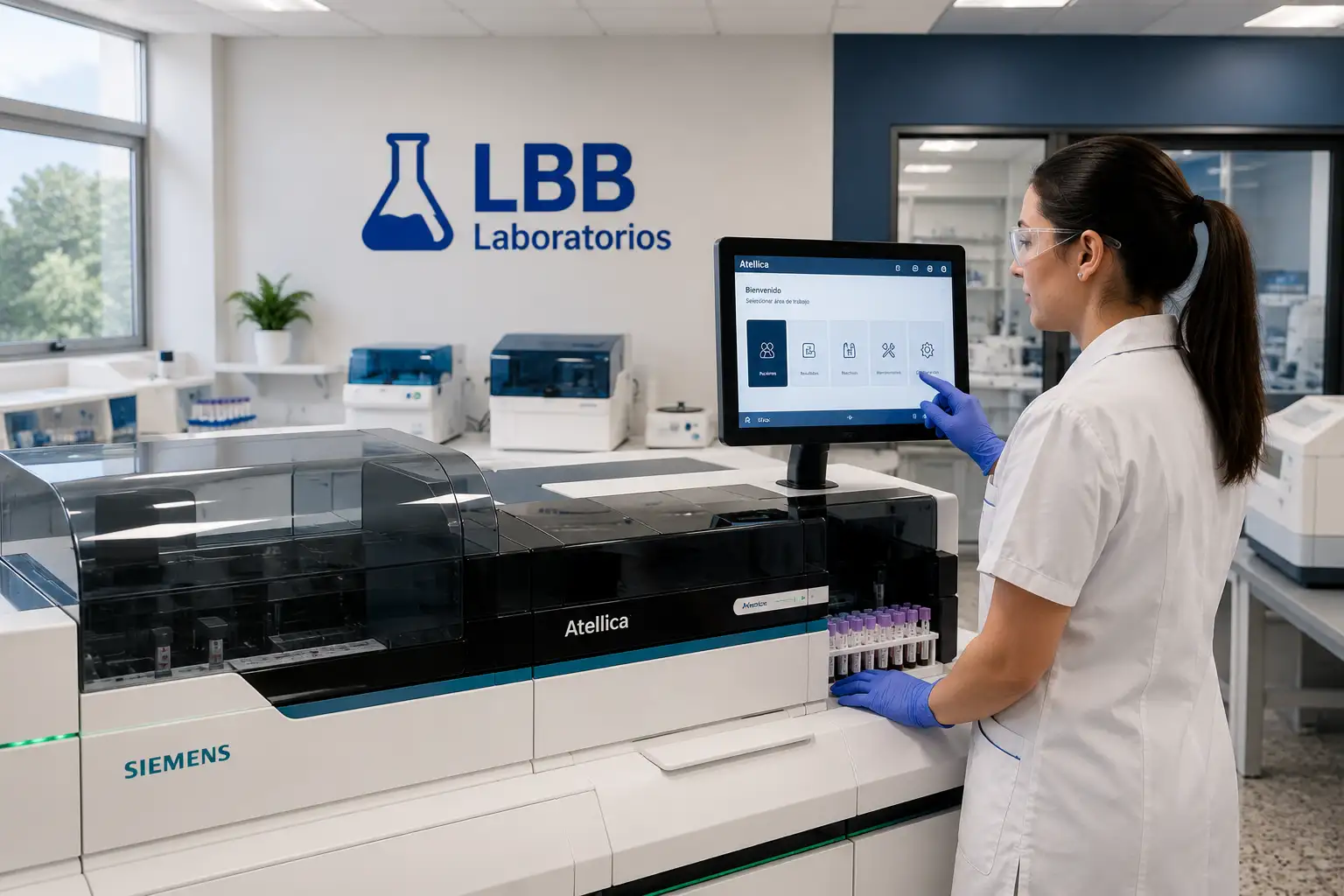 Operario trabajando con equipamiento Atellica en laboratorio